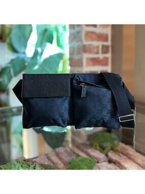 GUCCI Double Pocket Black GG Canvas Belt Bag